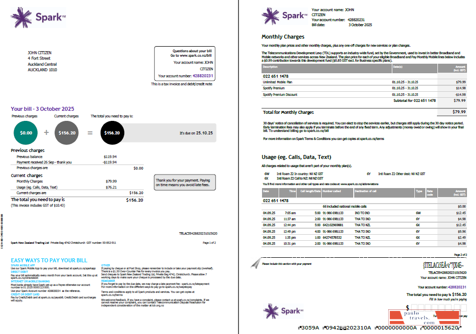 New Zealand Spark utility bill template in Word and PDF formats, 2 pages